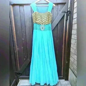 Indian Inspired Aqua Emerald Cinderella Dress with Tulle & Crystals - size Small
